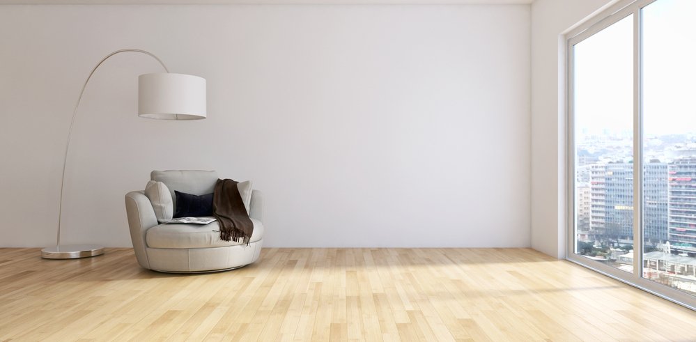 Empty living room with a sole couch and lamp